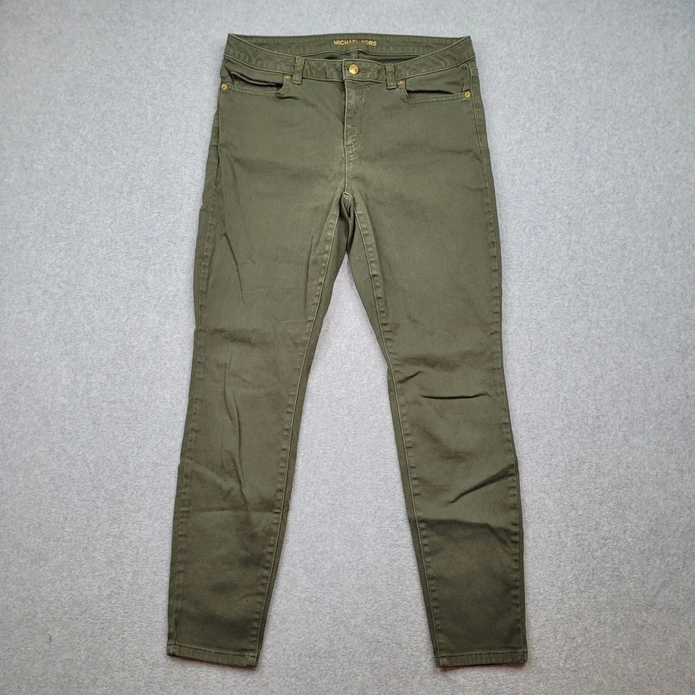 Michael Kors Izzy Skinny Pants Womens Size 10 Green Olive Stretch Gold Jeans